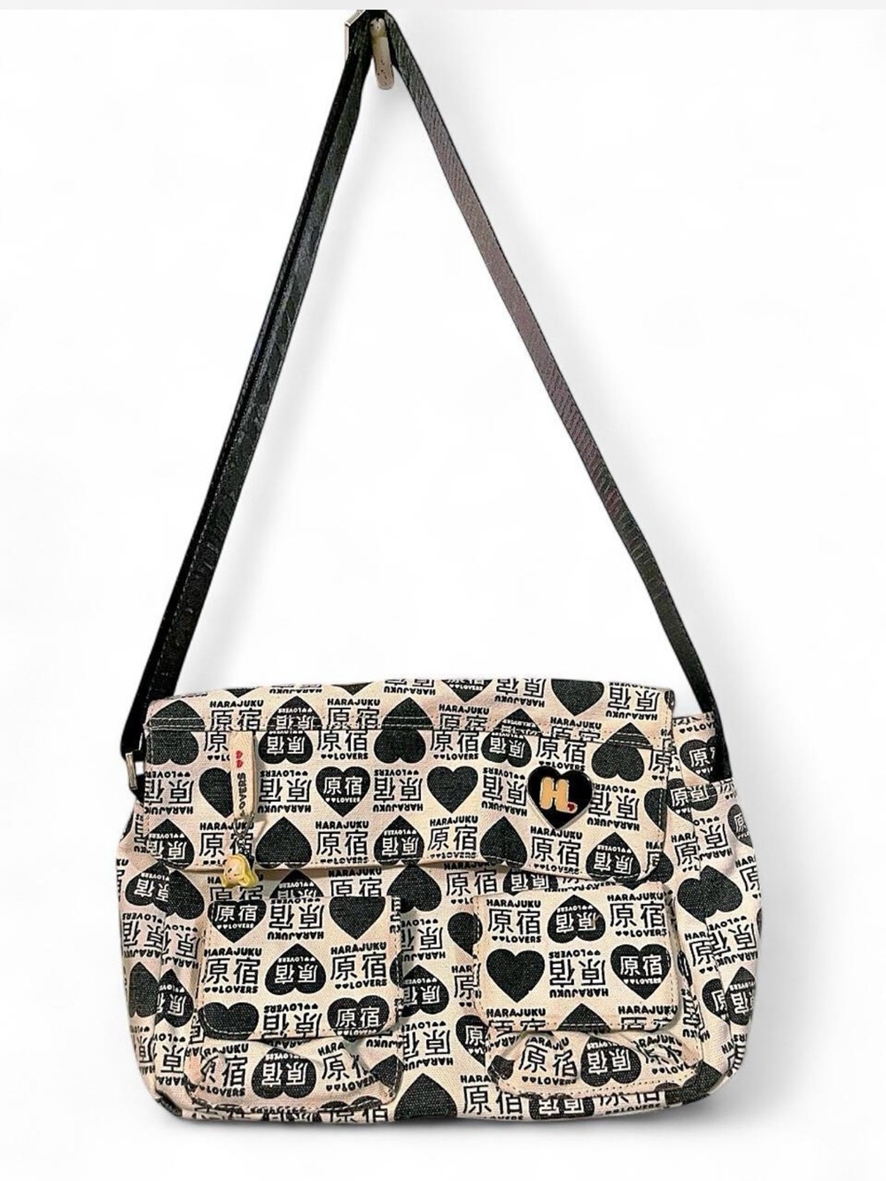 Vintage Harajuku Lovers Black White Logo Canvas Shoulder Bag Slouchy Hobo Purse